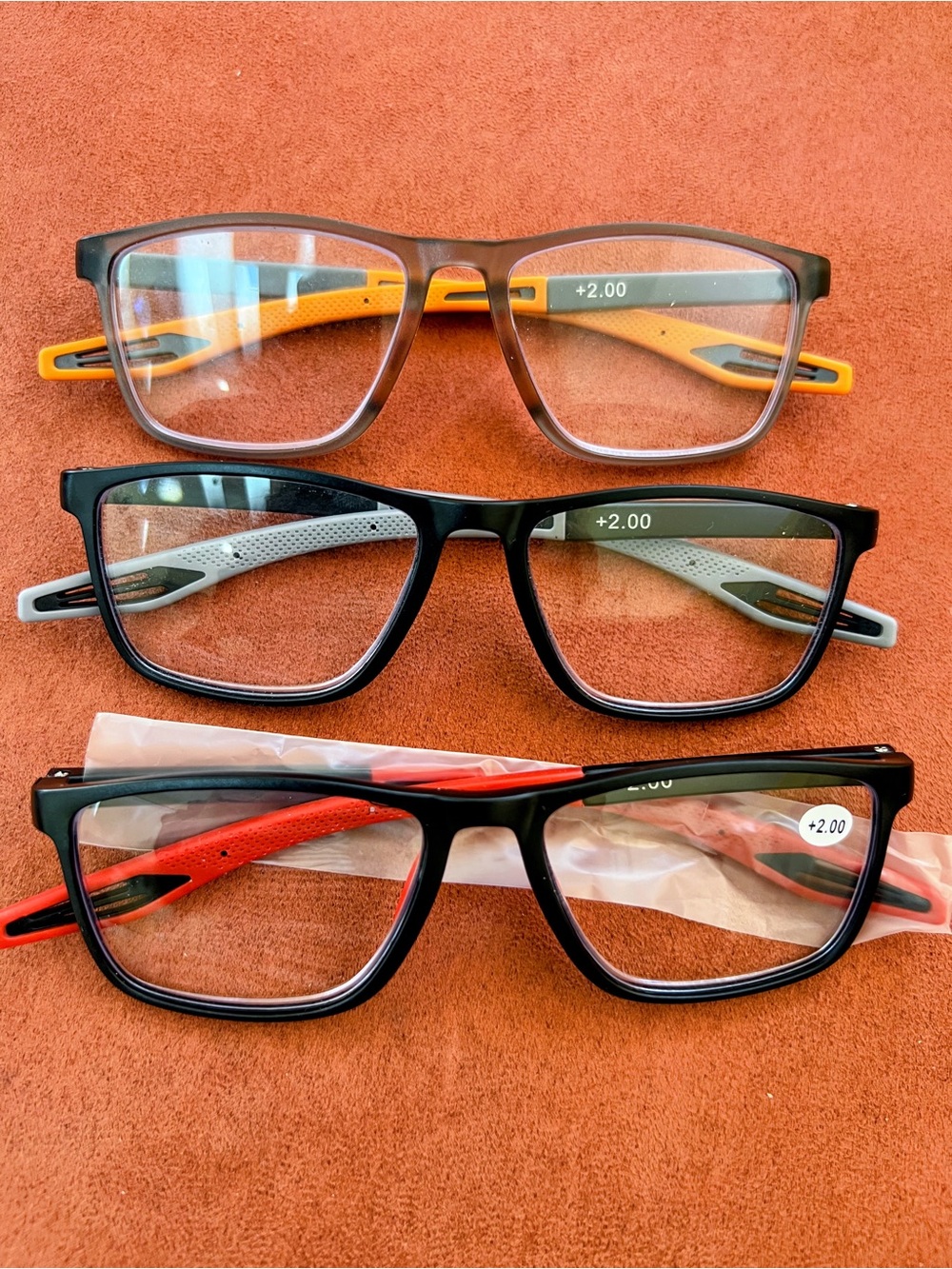 Reading Glasses Pack of 3 - Black, Gray, Red Temple Accents - +2.00
